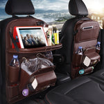 Keep your car clean and organized with this PU leather seat back organizer featuring multi-pocket storage, waterproof material, and built-in trash holder.